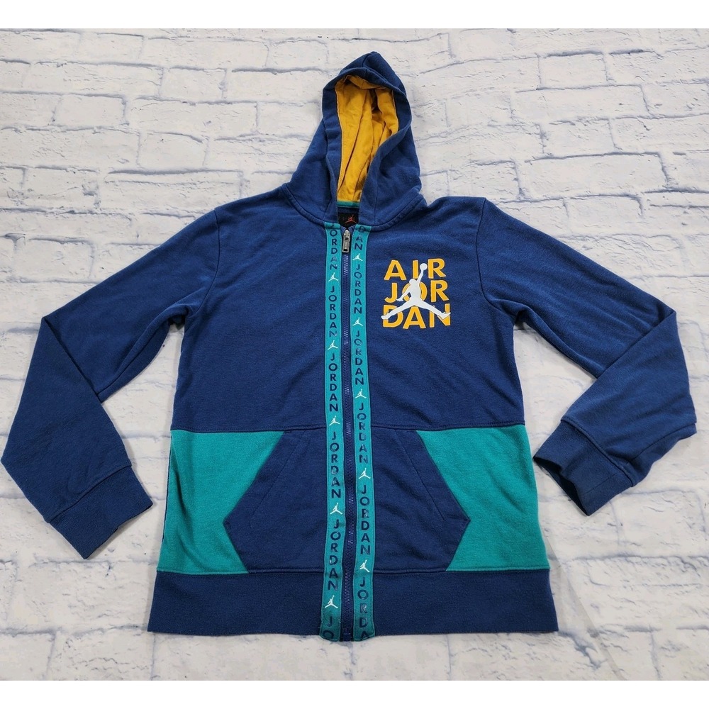 Nike Jordan BOYS YOUTH L 12 Vert Tape Colorblock Hoodie Blue Green Full Zip